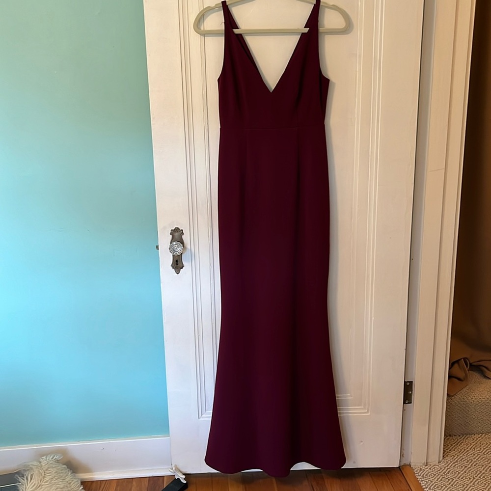 Lulus cranberry full length v front and back dress